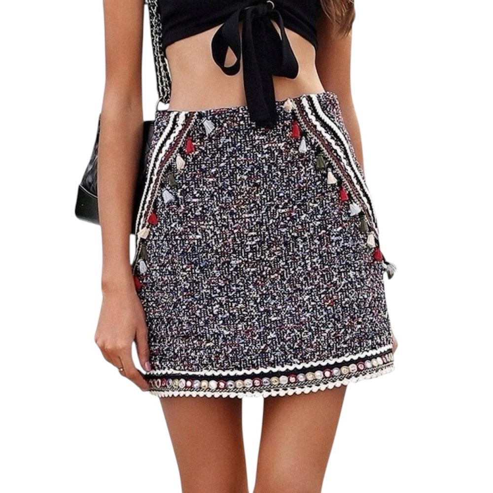 Zara Tweed Multi Colour Mini Skirt with Tassel Accents Like New XS
